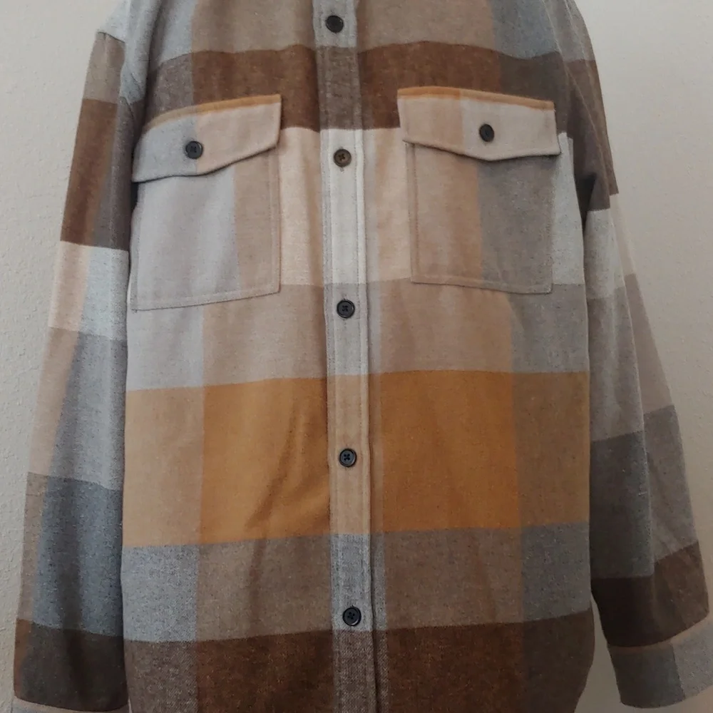 Men's Plaid Polyester Blend Button Shirt Brown, Tan, XL - Picture 3 of 15